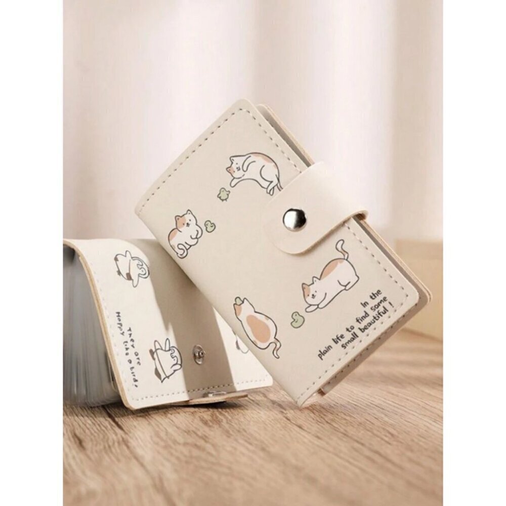 Women Small 20 Card Holder Wallet  Cartoon Cat Pattern Snap Button Card Case